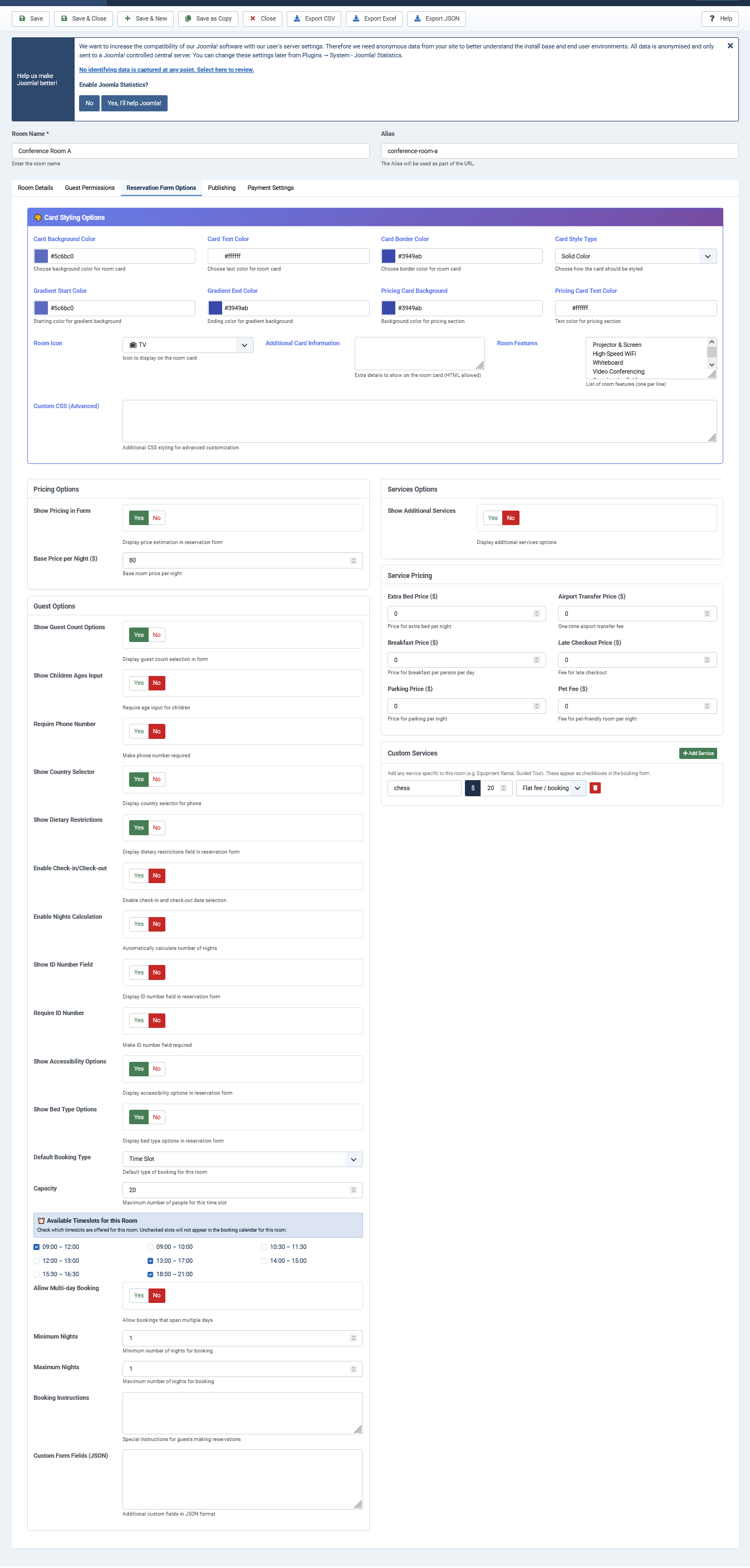 Room edit — Reservation Options tab